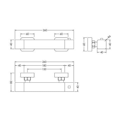 [BSEM503] Empire Contemporary Bathroom Wall Mount Square Thermostatic Bar Valve with Bottom Outlet, 55mm x 261mm, Chrome - Balterley - Technical Drawing