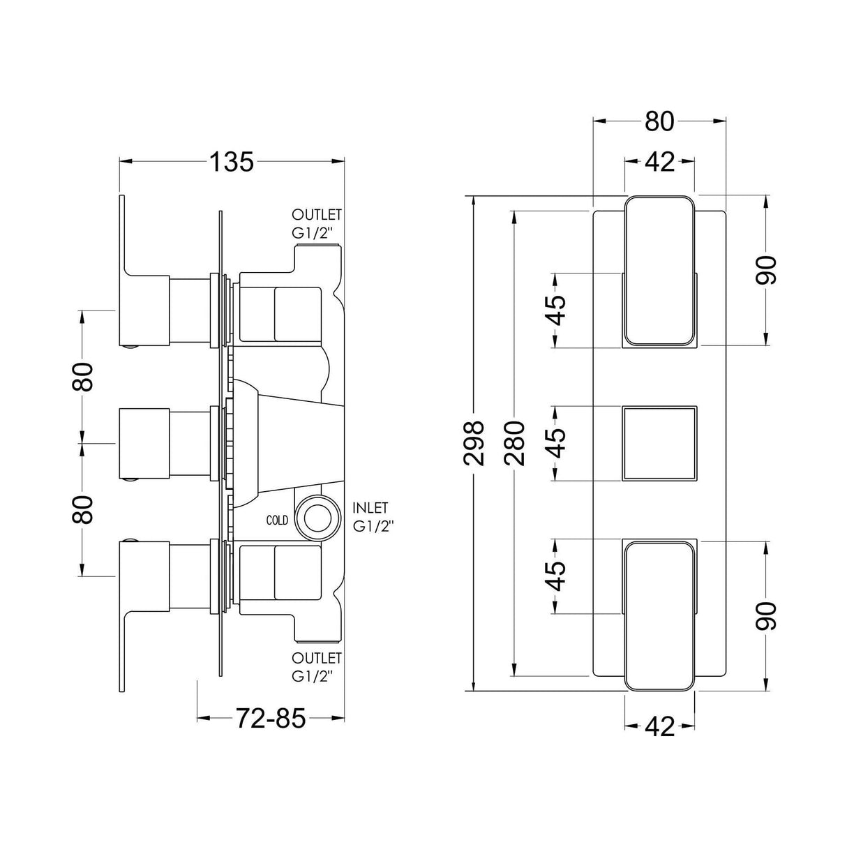 [BSEM7TR02] Swinscoe Contemporary Concealed Square Triple Thermostatic Shower Valve, Choice of Colour - Technical Drawing