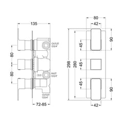 [BSEM7TR03] Empire Contemporary Square Concealed Triple Thermostatic Shower Valve with Diverter 3 Outlets - Brushed Pewter - Balterley - Technical Drawing