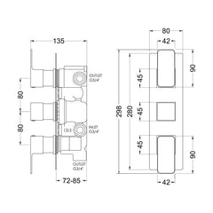 [BSEM7TR03] Swinscoe Contemporary Concealed Square Triple Thermostatic Shower Valve with Diverter, Choice of Colour - Technical Drawing