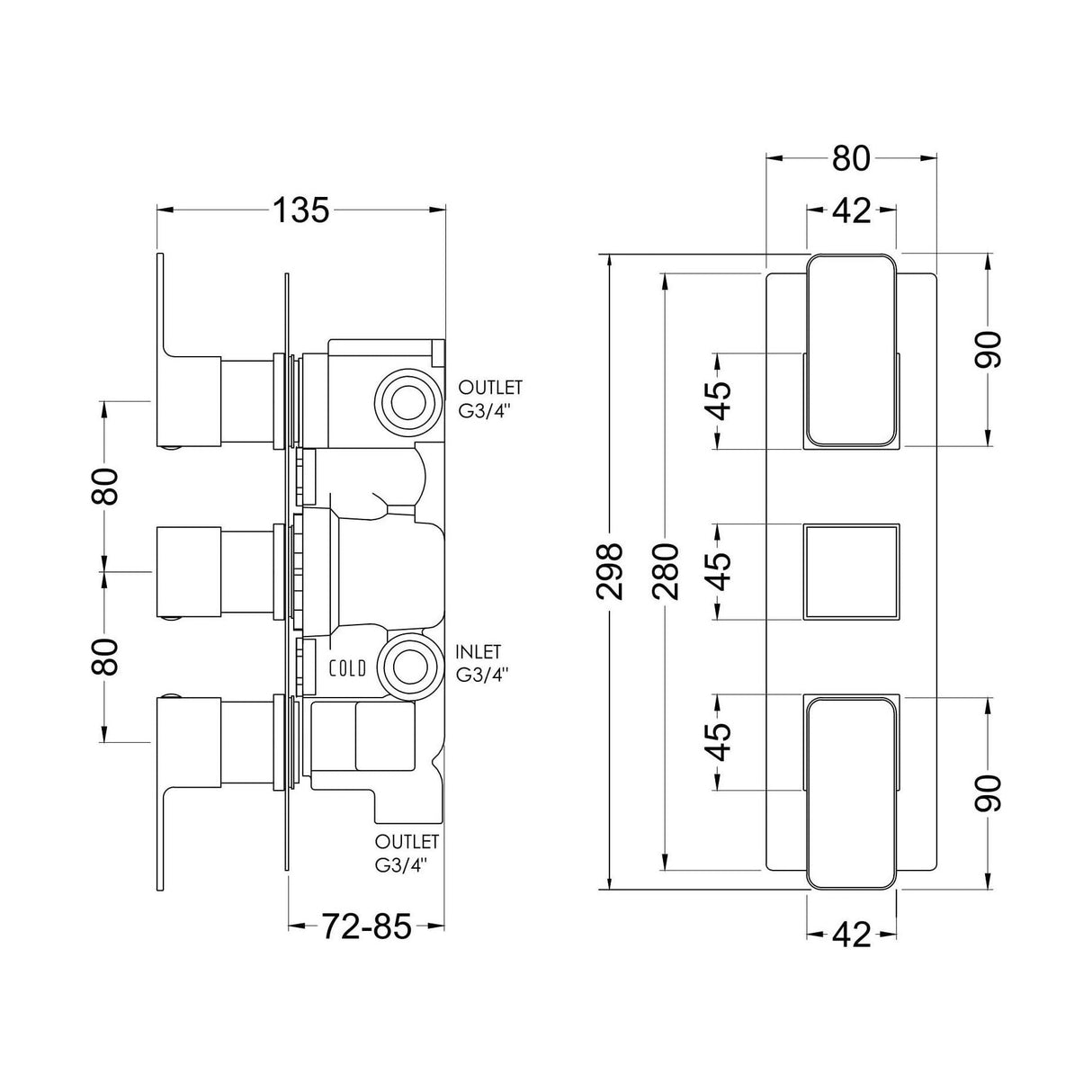 [BSEM8TR03] Swinscoe Contemporary Concealed Square Triple Thermostatic Shower Valve with Diverter, Choice of Colour - Technical Drawing