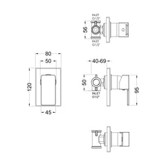 [BSEMMV10] Square Concealed Manual Shower Valve (1 Outlet) - Chrome - Technical Drawing