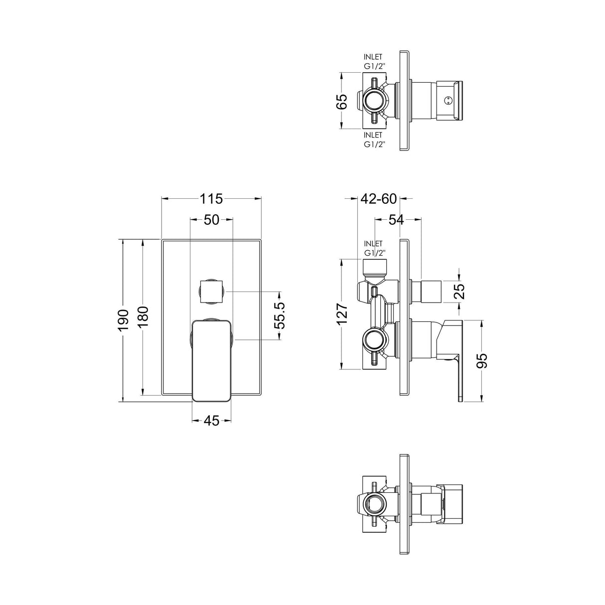 [BSEMMV12] Empire Square Concealed Manual Shower Valve with Diverter (2 Outlets) - Chrome - Balterley - Technical Drawing
