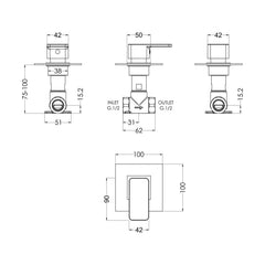 [BSEMST10] Empire Square Concealed Shower Stop Tap - Chrome - Balterley - Technical Drawing