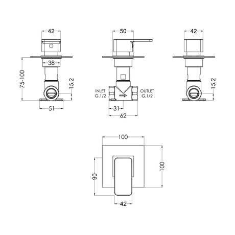 [BSEMST10] Empire Square Concealed Shower Stop Tap - Chrome - Balterley - Technical Drawing