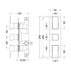 [BSEMTR02] Swinscoe Contemporary Concealed Square Triple Thermostatic Shower Valve, Choice of Colour - Technical Drawing