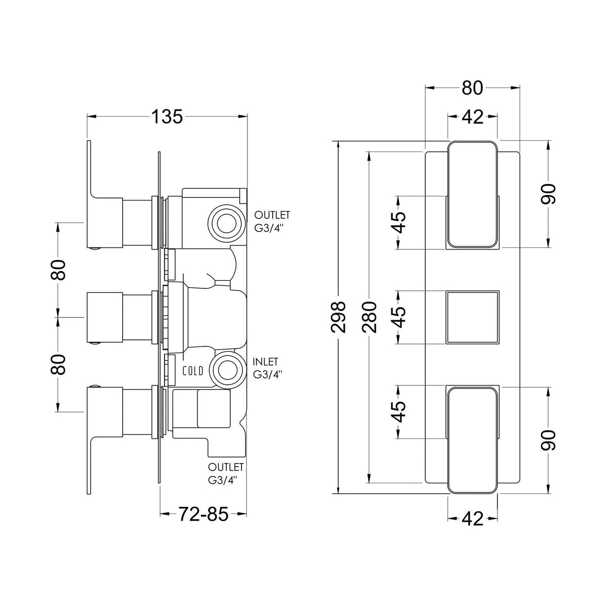 [BSEMTR03] Swinscoe Contemporary Concealed Square Triple Thermostatic Shower Valve with Diverter, Choice of Colour - Technical Drawing
