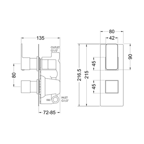 [BSEMTW01] Square Concealed Thermostatic Twin Shower Valve (1 Outlet) - Chrome - Technical Drawing