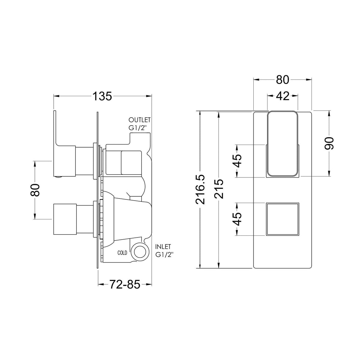 [BSEMTW01] Swinscoe Contemporary Concealed Square Twin Thermostatic Shower Valve, Choice of Colour - Technical Drawing