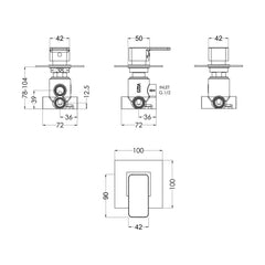[BSEMWD14] Concealed Lever Handle 2/3/4 Way Shower Diverter - Chrome - Technical Drawing