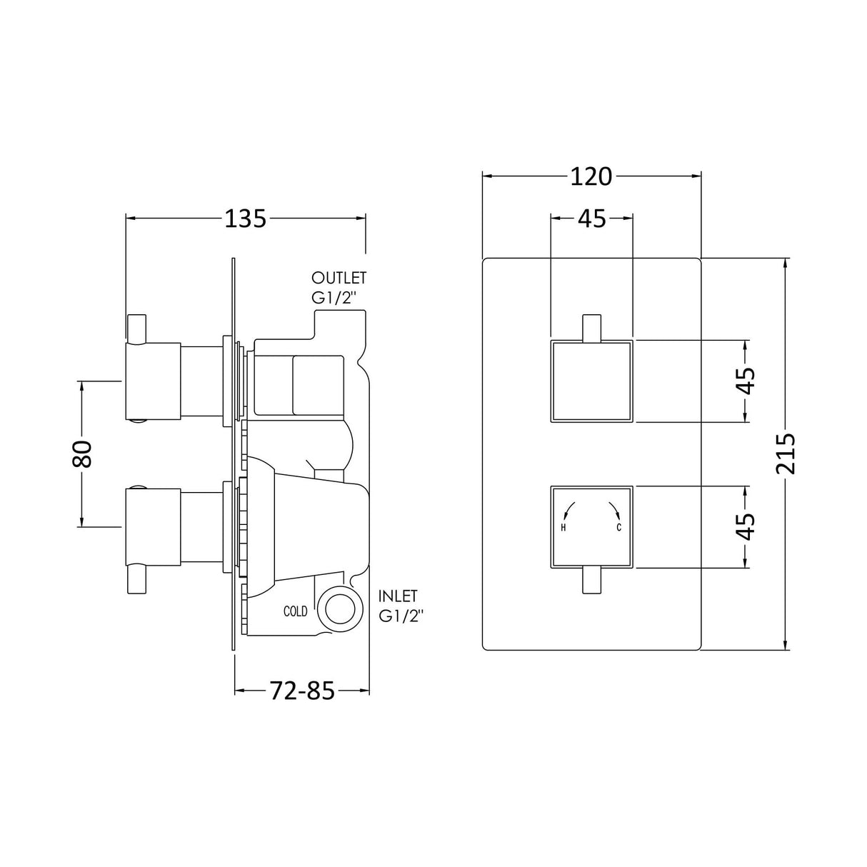 [BSFA301] Balterley Contemporary Square Concealed Twin Thermostatic Shower Valve 1 Outlet - Chrome - Technical Drawing