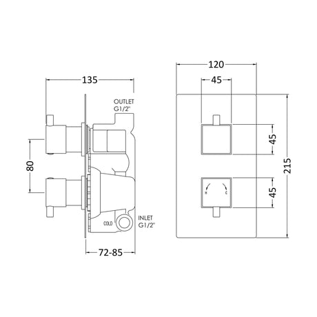 [BSFA301] Balterley Contemporary Square Concealed Twin Thermostatic Shower Valve 1 Outlet - Chrome - Technical Drawing