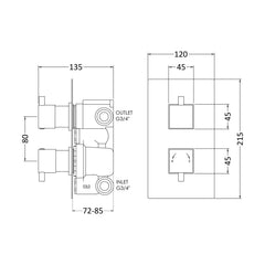 [BSFA302] Balterley Contemporary Square Concealed Twin Thermostatic Shower Valve with Diverter 2 Outlets - Chrome - Technical Drawing