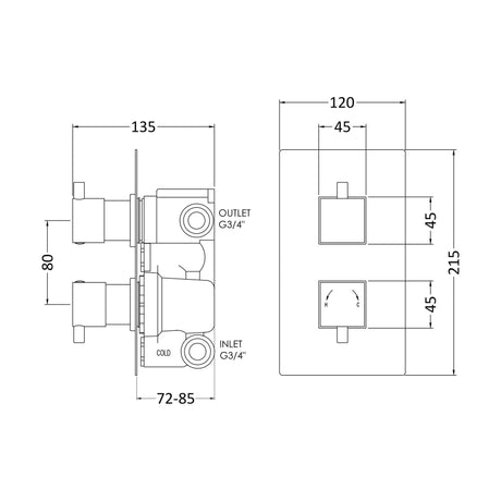 [BSFA302] Balterley Contemporary Square Concealed Twin Thermostatic Shower Valve with Diverter 2 Outlets - Chrome - Technical Drawing