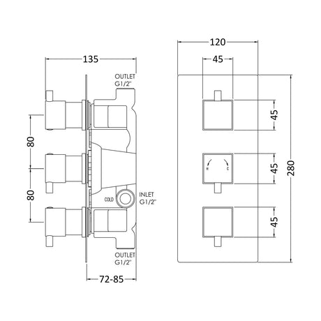 [BSFA303] Balterley Contemporary Square Concealed Triple Thermostatic Shower Valve 2 Outlets - Chrome - Technical Drawing