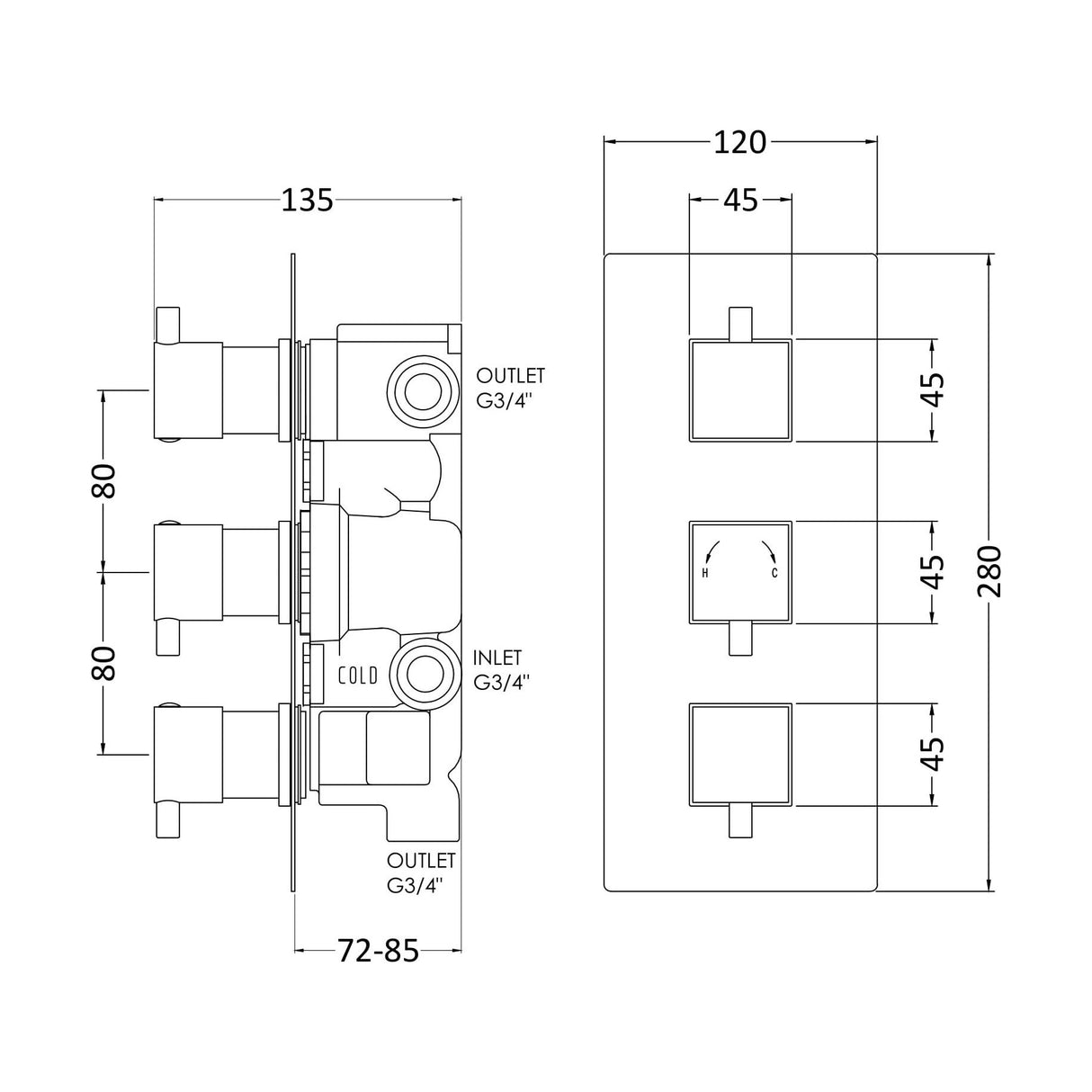 [BSFA311] Balterley Contemporary Square Concealed Triple Thermostatic Shower Valve with Diverter 3 Outlets - Chrome - Technical Drawing