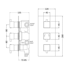 [BSFA311] Balterley Contemporary Square Concealed Triple Thermostatic Shower Valve with Diverter 3 Outlets - Chrome - Technical Drawing