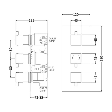 [BSFA311] Balterley Contemporary Square Concealed Triple Thermostatic Shower Valve with Diverter 3 Outlets - Chrome - Technical Drawing