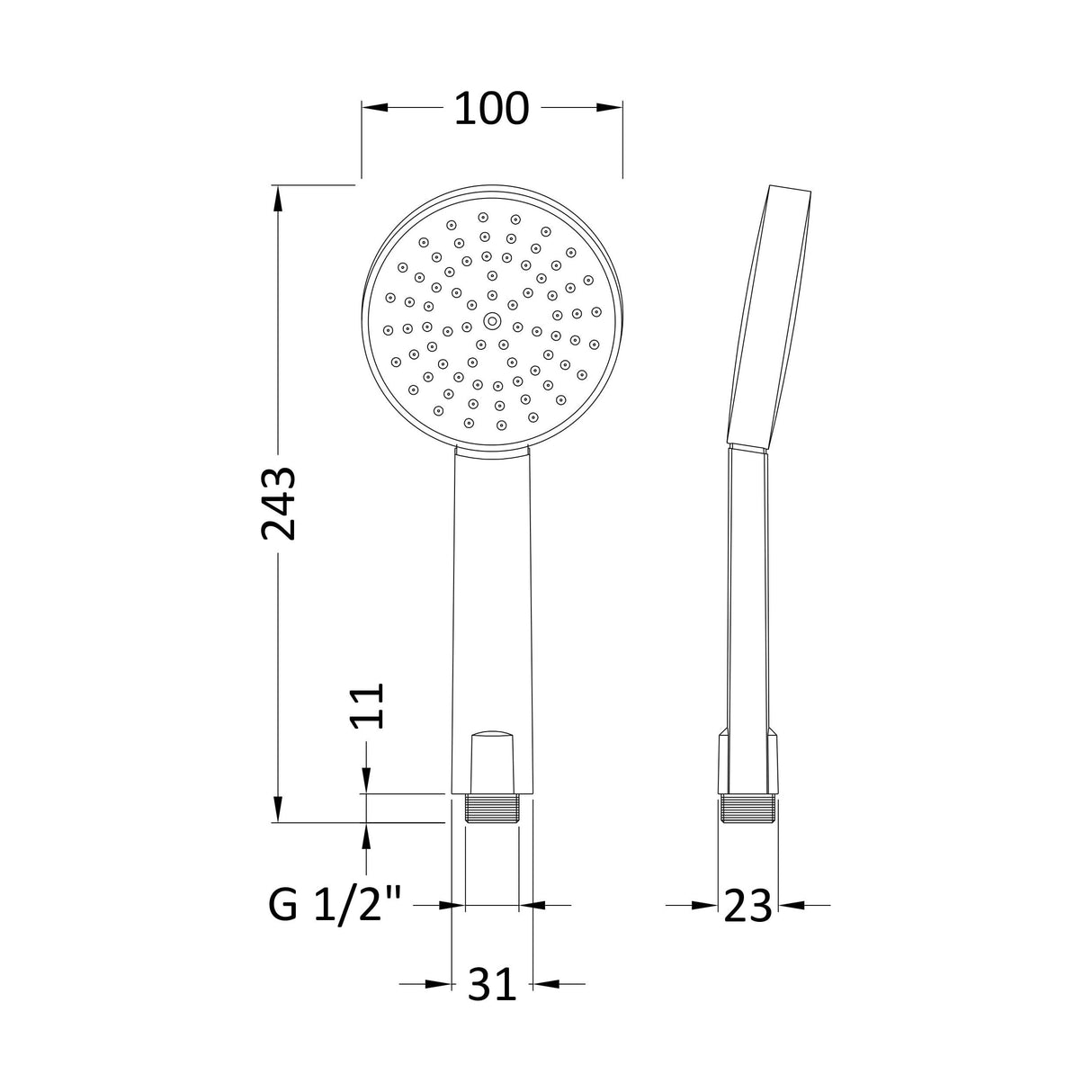 [BSHS001] Balterley Contemporary Single Function Water Saving Shower Handset - Chrome - Technical Drawing