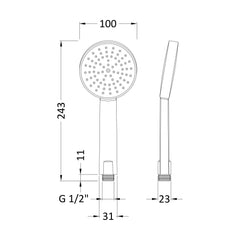 [BSHS001] Balterley Contemporary Single Function Water Saving Shower Handset - Chrome - Technical Drawing