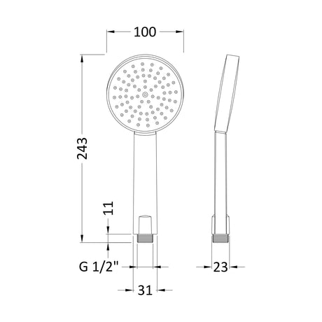 [BSHS001] Balterley Contemporary Single Function Water Saving Shower Handset - Chrome - Technical Drawing