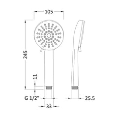 [BSHS002] Balterley Multi Function Water Saving Shower Handset - Chrome - Technical Drawing