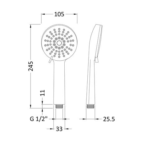 [BSHS002] Balterley Multi Function Water Saving Shower Handset - Chrome - Technical Drawing