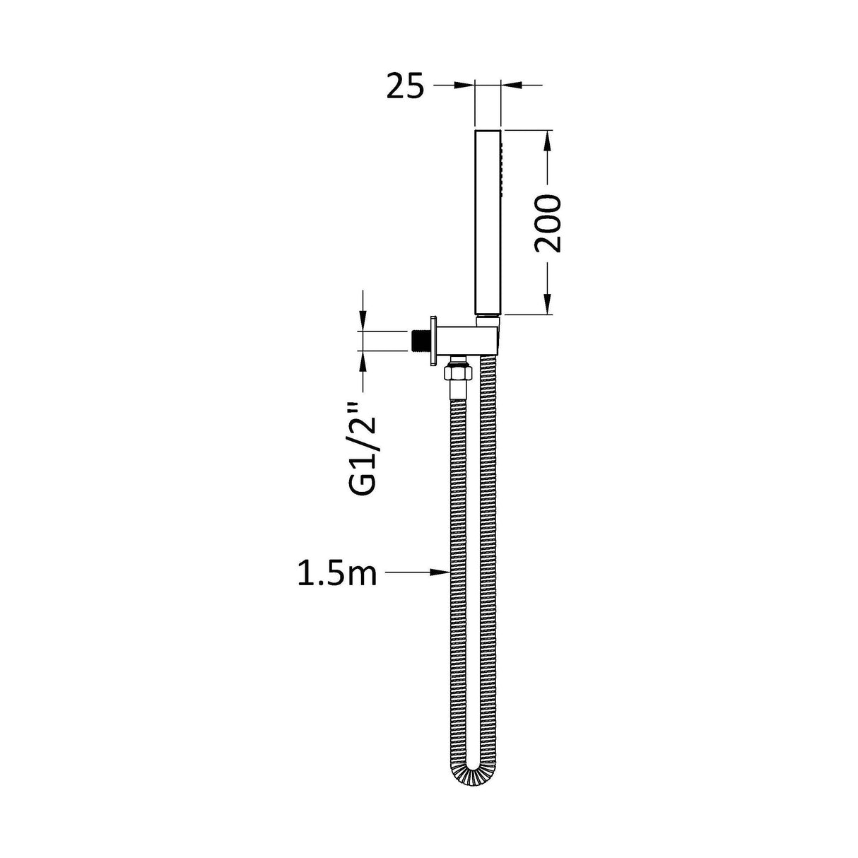 [BSHS4264] Square Outlet Elbow, Parking Bracket & Shower Handset - Matt Black - Technical Drawing