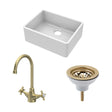 [BSK201WT11] Traditional Fireclay Kitchen Bundle: Single Bowl Butler Sink Strainer Waste & Mono Crosshead Handle Mixer Tap, 595mm - Brushed Brass - Cutout