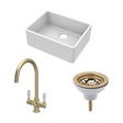 [BSK201WT12] Traditional Fireclay Kitchen Bundle: Single Bowl Butler Sink and Strainer Waste & Mono Lever Handle Mixer Tap, 595mm - Brushed Brass - Cutout