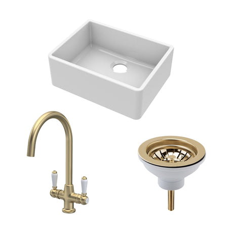 [BSK201WT12] Traditional Fireclay Kitchen Bundle: Single Bowl Butler Sink and Strainer Waste & Mono Lever Handle Mixer Tap, 595mm - Brushed Brass - Cutout