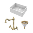 [BSK201WT13] Fireclay Kitchen Bundle: Single Bowl Butler Sink, Strainer Waste & French Classic Mono Tap, 595mm - Brushed Brass - Cutout