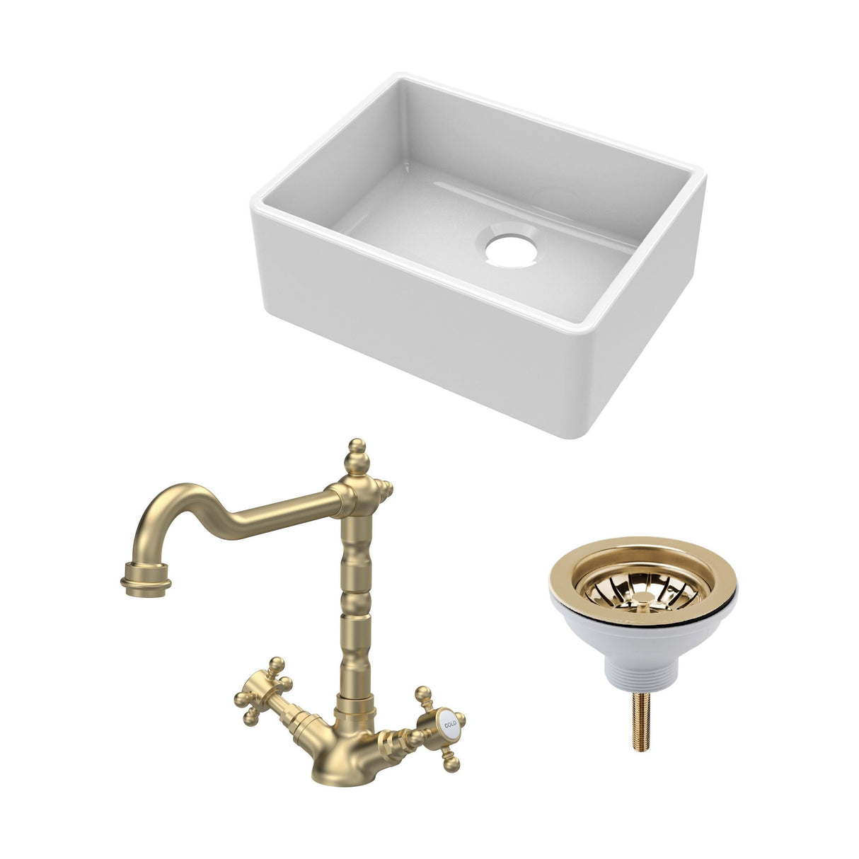 [BSK201WT13] Fireclay Kitchen Bundle: Single Bowl Butler Sink, Strainer Waste & French Classic Mono Tap, 595mm - Brushed Brass - Cutout