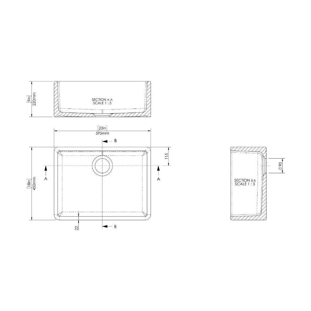 [BSK201WT13] Fireclay Kitchen Bundle: Single Bowl Butler Sink, Strainer Waste & French Classic Mono Tap, 595mm - Brushed Brass - Technical Drawing