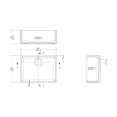[BSK201WT13] Fireclay Kitchen Bundle: Single Bowl Butler Sink, Strainer Waste & French Classic Mono Tap, 595mm - Brushed Brass - Technical Drawing