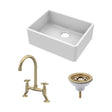 [BSK201WT14] Fireclay Kitchen Bundle: Single Bowl Butler Sink, Strainer Waste & Bridge Crosshead Mixer Tap, 595mm - Brushed Brass - Cutout
