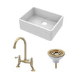 [BSK201WT15] Fireclay Kitchen Bundle: Single Bowl Butler Sink, Strainer Waste & Bridge Lever Mixer Tap, 595mm - Brushed Brass - Cutout