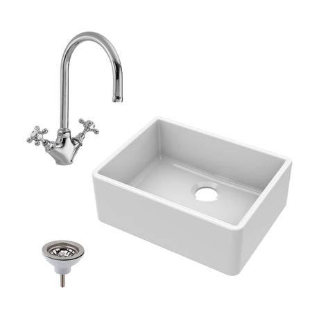 [BSK201WT2] Single Bowl Fireclay Ceramic Butler Kitchen Bundle with Waste & Mixer Tap - Cutout