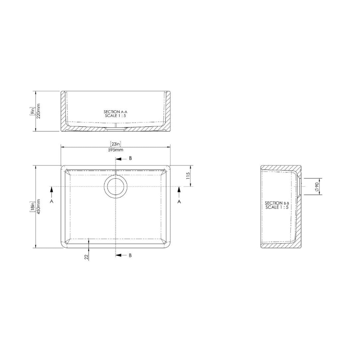 [BSK201WT4] Single Bowl Fireclay Ceramic Butler Kitchen Bundle with Compatible Waste & French Tap - Technical Drawing