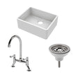 [BSK201WT5] Traditional Fireclay Kitchen Bundle: Single Bowl Butler Sink with Strainer Waste & Bridge Mixer Tap, 595mm - Chrome - Cutout