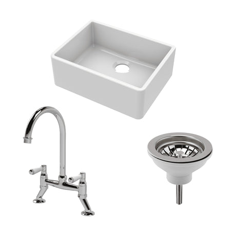 [BSK201WT5] Traditional Fireclay Kitchen Bundle: Single Bowl Butler Sink with Strainer Waste & Bridge Mixer Tap, 595mm - Chrome - Cutout