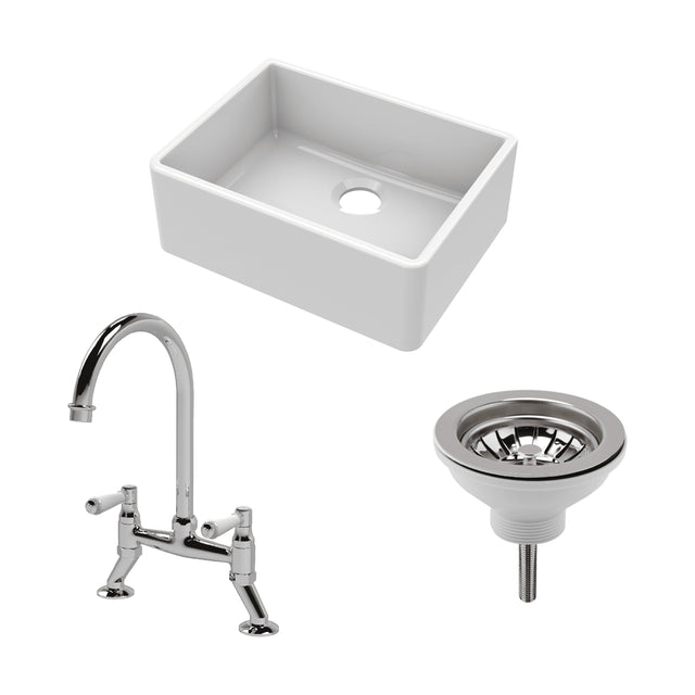 [BSK201WT5] Traditional Fireclay Kitchen Bundle: Single Bowl Butler Sink with Strainer Waste & Bridge Mixer Tap, 595mm - Chrome - Cutout