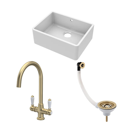 Fireclay Kitchen Bundle - 595mm Single Bowl Butler Sink with Overflow, Waste & Mono Lever Handle Tap in Brushed Brass - Balterley