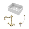 [BSK202WT13] Fireclay Kitchen Bundle: Single Bowl Butler Sink and Overflow, Waste & Classic Mono Kitchen Tap, 595mm - Brushed Brass - Cutout