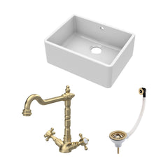 [BSK202WT13] Fireclay Kitchen Bundle: Single Bowl Butler Sink and Overflow, Waste & Classic Mono Kitchen Tap, 595mm - Brushed Brass - Cutout