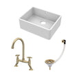 [BSK202WT14] Fireclay Kitchen Bundle: Single Bowl Butler Sink with Overflow, Waste & Bridge Mixer Kitchen Tap, 595mm - Brushed Brass - Cutout