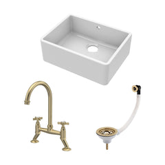 [BSK202WT14] Fireclay Kitchen Bundle: Single Bowl Butler Sink with Overflow, Waste & Bridge Mixer Kitchen Tap, 595mm - Brushed Brass - Cutout