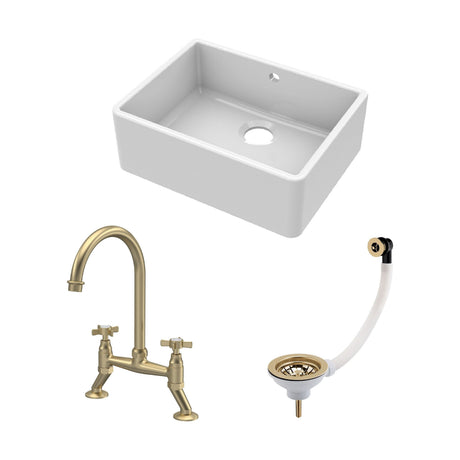 Fireclay Kitchen Bundle - 595mm Single Bowl Butler Sink with Overflow, Waste & Bridge Mixer Kitchen Tap, Brushed Brass - Balterley