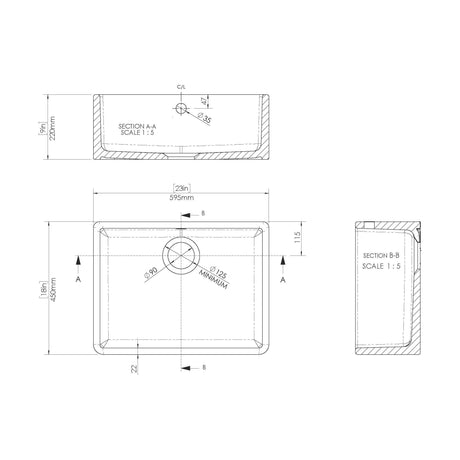 Fireclay Kitchen Bundle: Single Bowl Butler Sink with Overflow, Waste & Bridge Mixer Kitchen Tap, 595mm - Brushed Brass