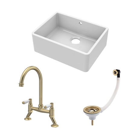 Fireclay Kitchen Bundle 595mm Single Bowl Butler Sink + Overflow, Waste & Bridge Lever Mixer Kitchen Tap, Brushed Brass Balterley